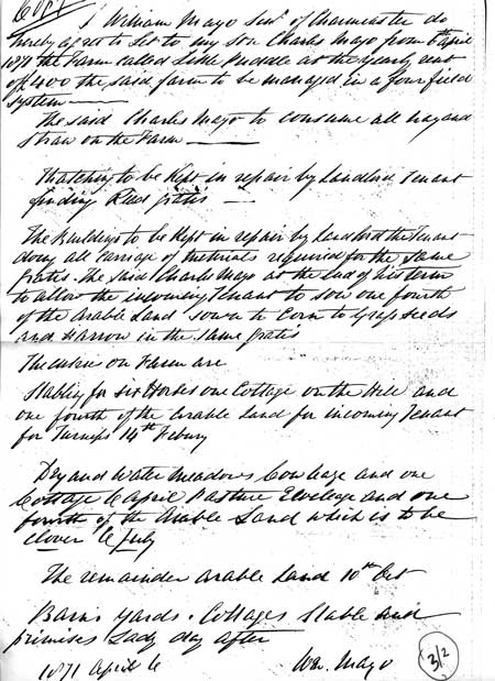 1871 Agreement with the Mayo family for Manor Farm
