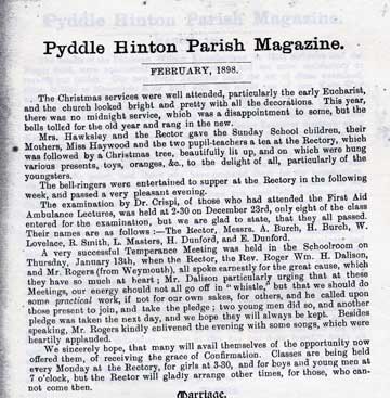 Pyddle Hinton Parish magazine February 1898 re Sunday School party.