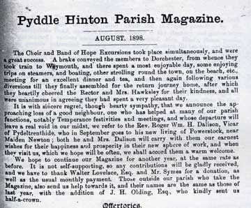Pyddle Hinton magazine August 1898 re Choir and Band of Hope excursions.